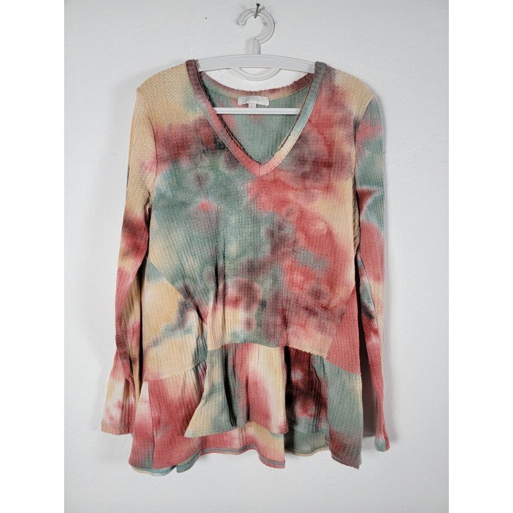 Eri + Ali Womens Tie-Dye V-Neck Peplum Long Sleeve Top Large Multicolor Waffle